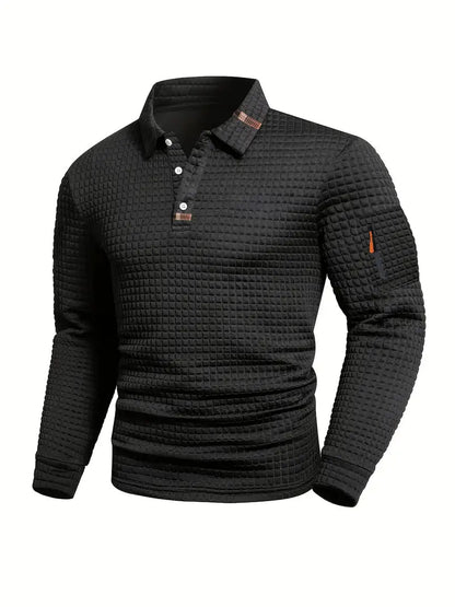 Men's Long Sleeve Polo Shirt with Waffle Texture and Sleeve Zip Pocket