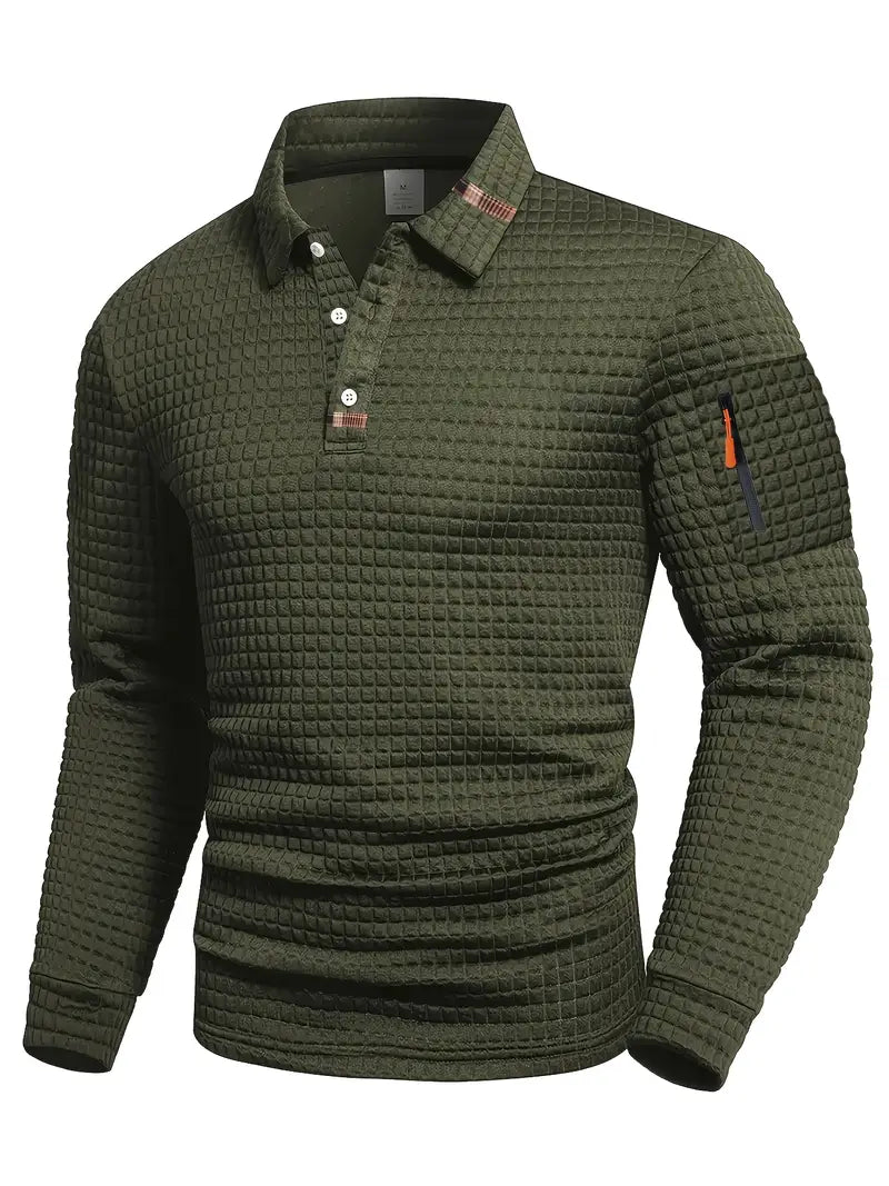 Men's Long Sleeve Polo Shirt with Waffle Texture and Sleeve Zip Pocket