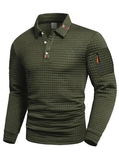 Men's Long Sleeve Polo Shirt with Waffle Texture and Sleeve Zip Pocket