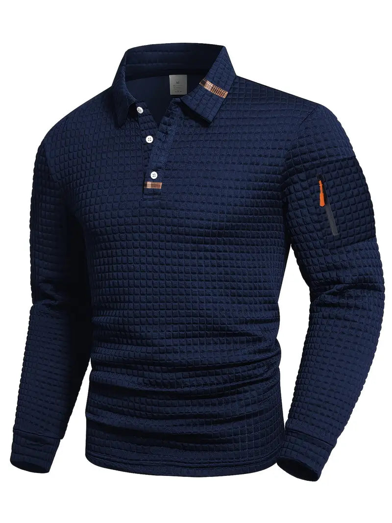 Men's Long Sleeve Polo Shirt with Waffle Texture and Sleeve Zip Pocket