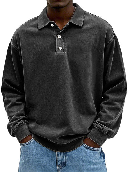 Men's Long Sleeve Polo Sweatshirt with Collar and Button Placket Oversized Fit