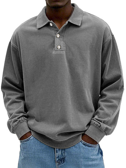 Men's Long Sleeve Polo Sweatshirt with Collar and Button Placket Oversized Fit