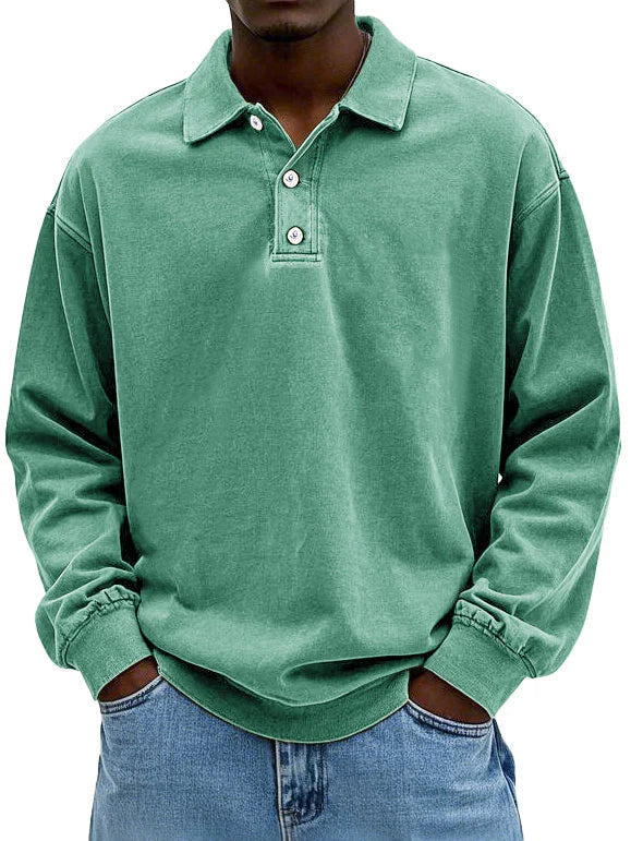 Men's Long Sleeve Polo Sweatshirt with Collar and Button Placket Oversized Fit