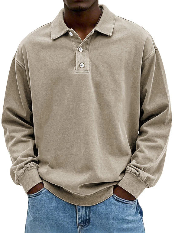 Men's Long Sleeve Polo Sweatshirt with Collar and Button Placket Oversized Fit