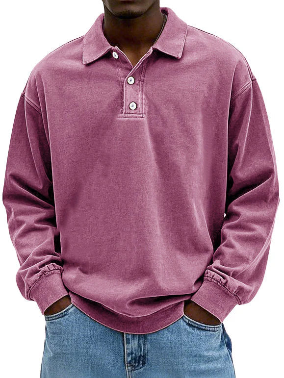 Men's Long Sleeve Polo Sweatshirt with Collar and Button Placket Oversized Fit