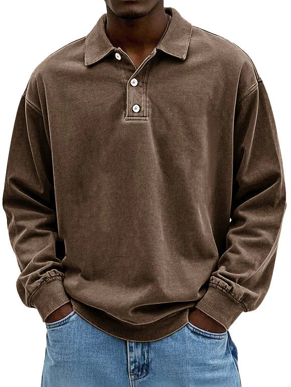 Men's Long Sleeve Polo Sweatshirt with Collar and Button Placket Oversized Fit