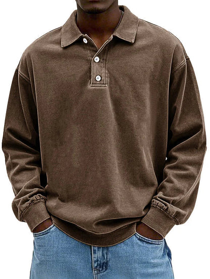 Men's Long Sleeve Polo Sweatshirt with Collar and Button Placket Oversized Fit