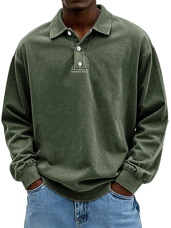 Men's Long Sleeve Polo Sweatshirt with Collar and Button Placket Oversized Fit