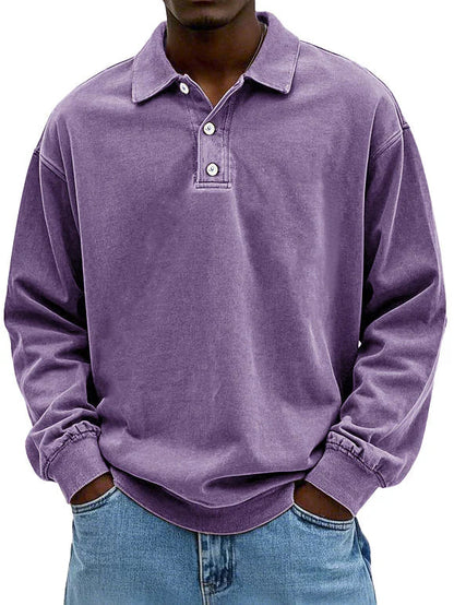 Men's Long Sleeve Polo Sweatshirt with Collar and Button Placket Oversized Fit