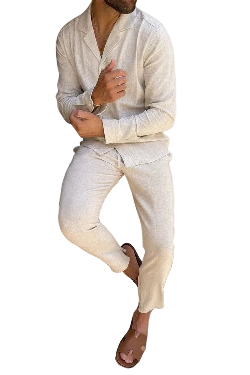 Men's Long Sleeve Shirt and Trouser Co-ord Set with Lapel Collar