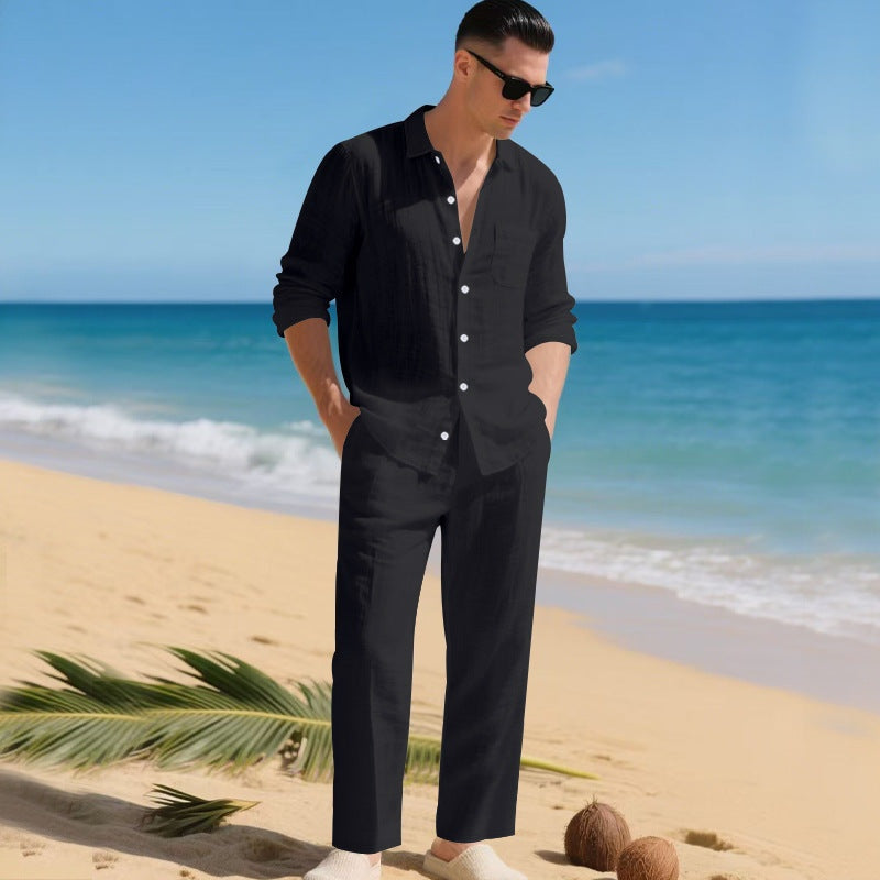 Men's Long Sleeve Shirt and Trousers Clothing Set with Button-Down Collar