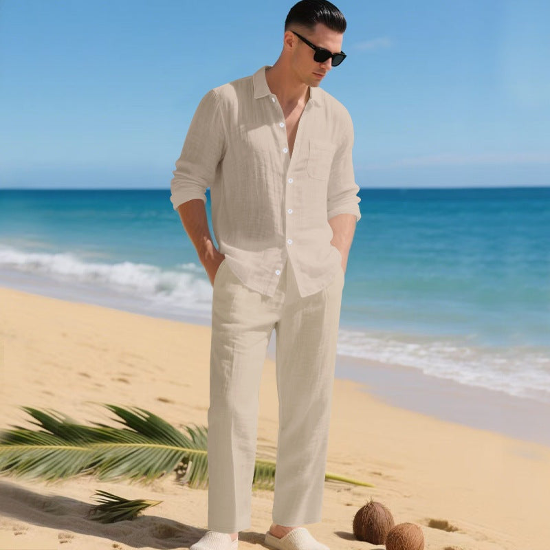 Men's Long Sleeve Shirt and Trousers Clothing Set with Button-Down Collar