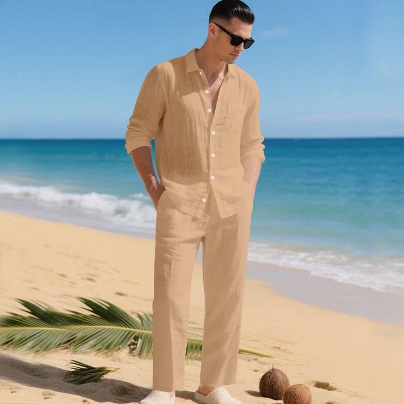 Men's Long Sleeve Shirt and Trousers Clothing Set with Button-Down Collar