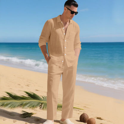 Men's Long Sleeve Shirt and Trousers Clothing Set with Button-Down Collar