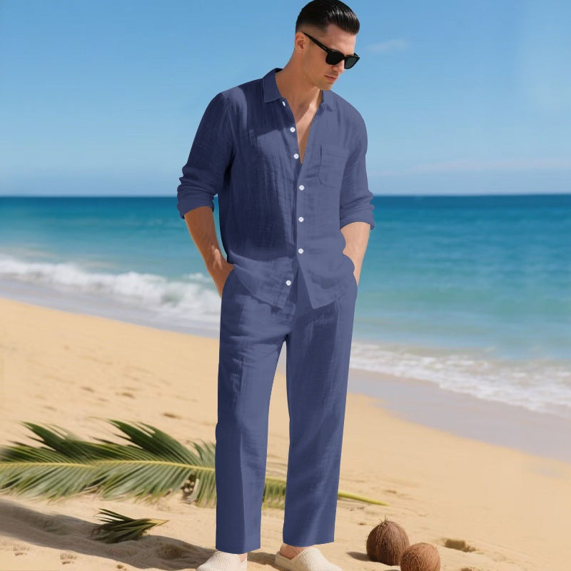 Men's Long Sleeve Shirt and Trousers Clothing Set with Button-Down Collar