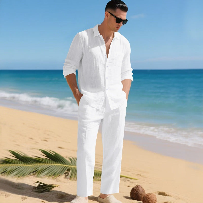 Men's Long Sleeve Shirt and Trousers Clothing Set with Button-Down Collar
