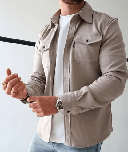 Men's Long Sleeve Shirt Jacket with Dual Chest Pockets and Button Closure