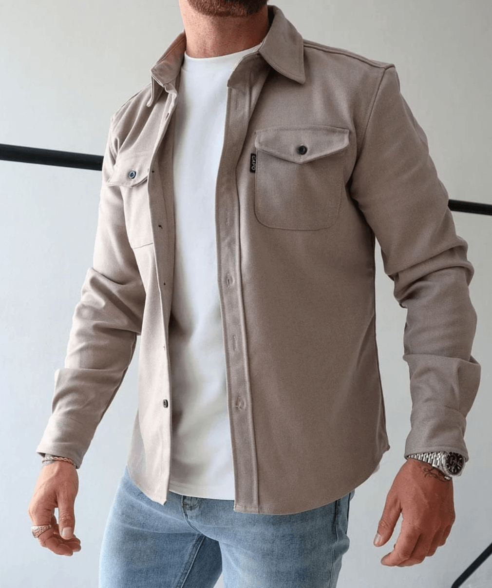 Men's Long Sleeve Shirt Jacket with Dual Chest Pockets and Button Closure