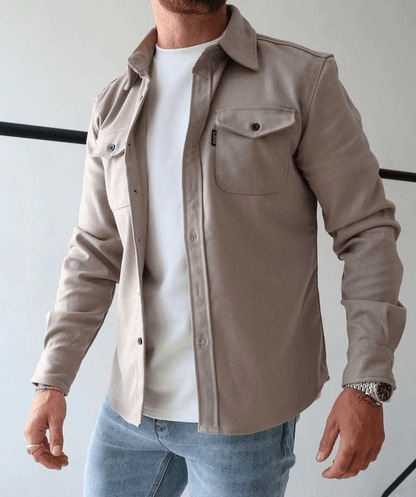Men's Long Sleeve Shirt Jacket with Dual Chest Pockets and Button Closure
