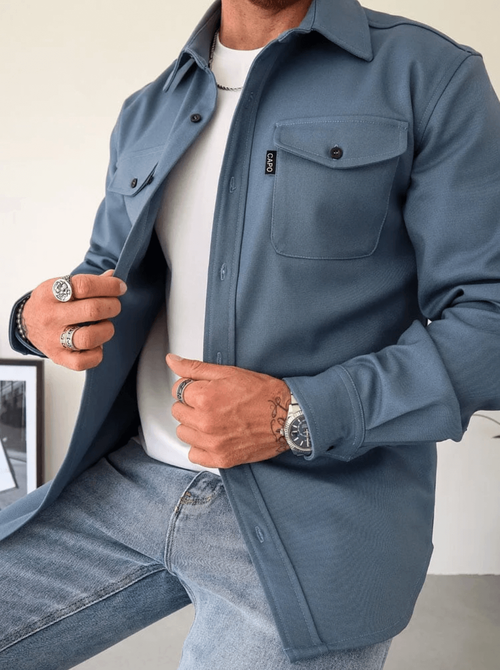 Men's Long Sleeve Shirt Jacket with Dual Chest Pockets and Button Closure