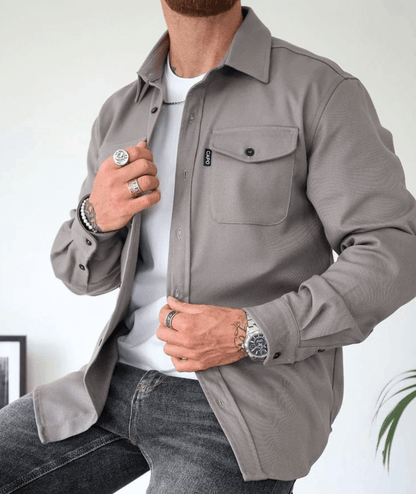 Men's Long Sleeve Shirt Jacket with Dual Chest Pockets and Button Closure