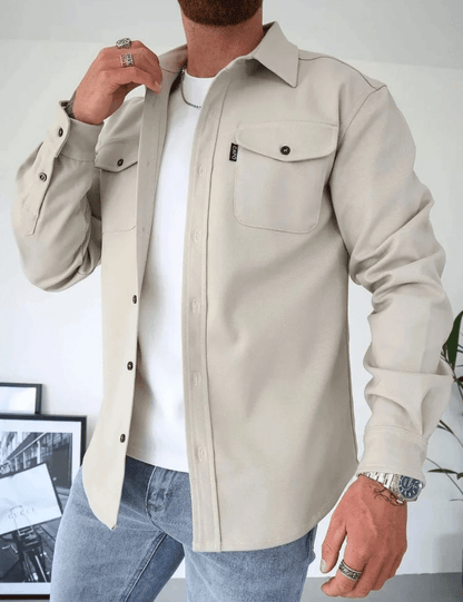 Men's Long Sleeve Shirt Jacket with Dual Chest Pockets and Button Closure