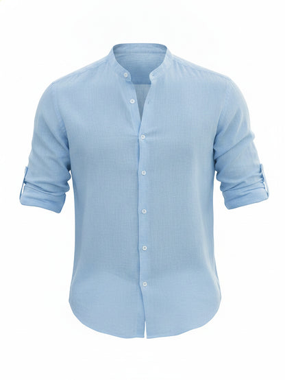 Men's Long Sleeve Shirt with Band Collar and Button Front