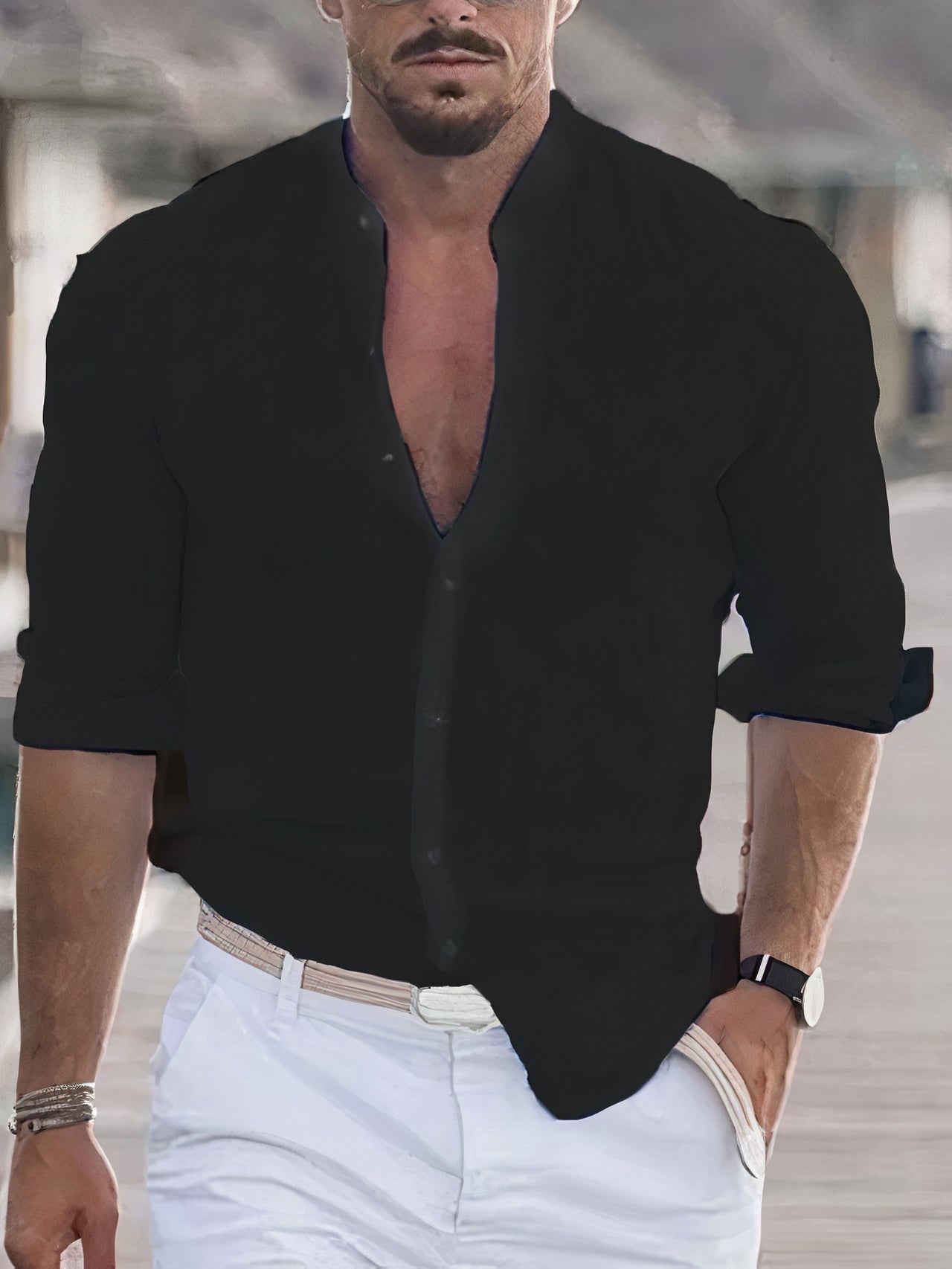 Men's Long Sleeve Shirt with Band Collar and Button Front