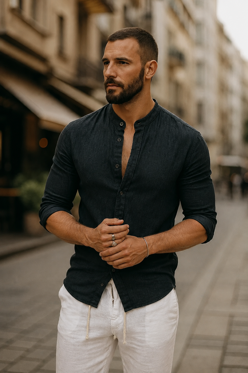 Men's Long Sleeve Shirt with Band Collar and Button Placket