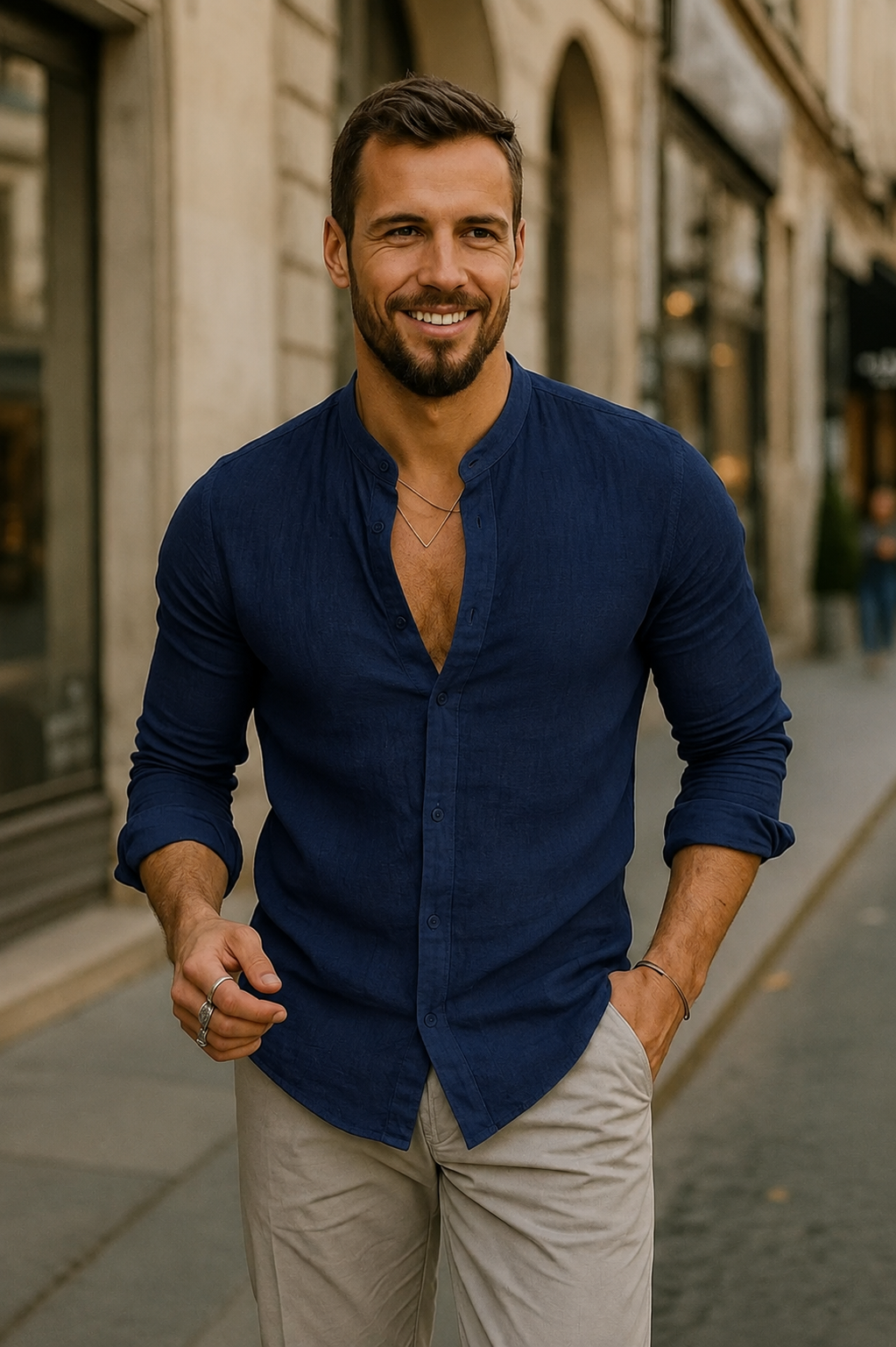 Men's Long Sleeve Shirt with Band Collar and Button Placket