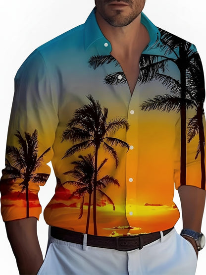Men's Long Sleeve Shirt with Button Placket and Graphic Print