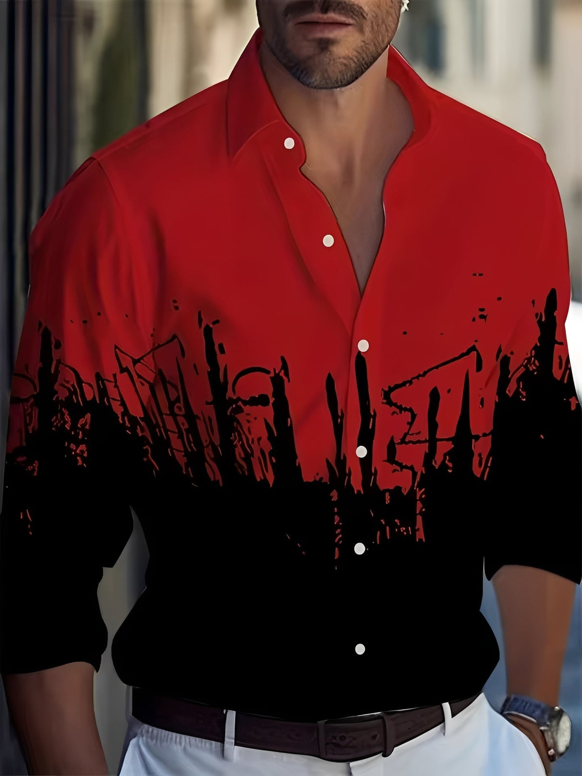 Men's Long Sleeve Shirt with Button Placket and Graphic Print