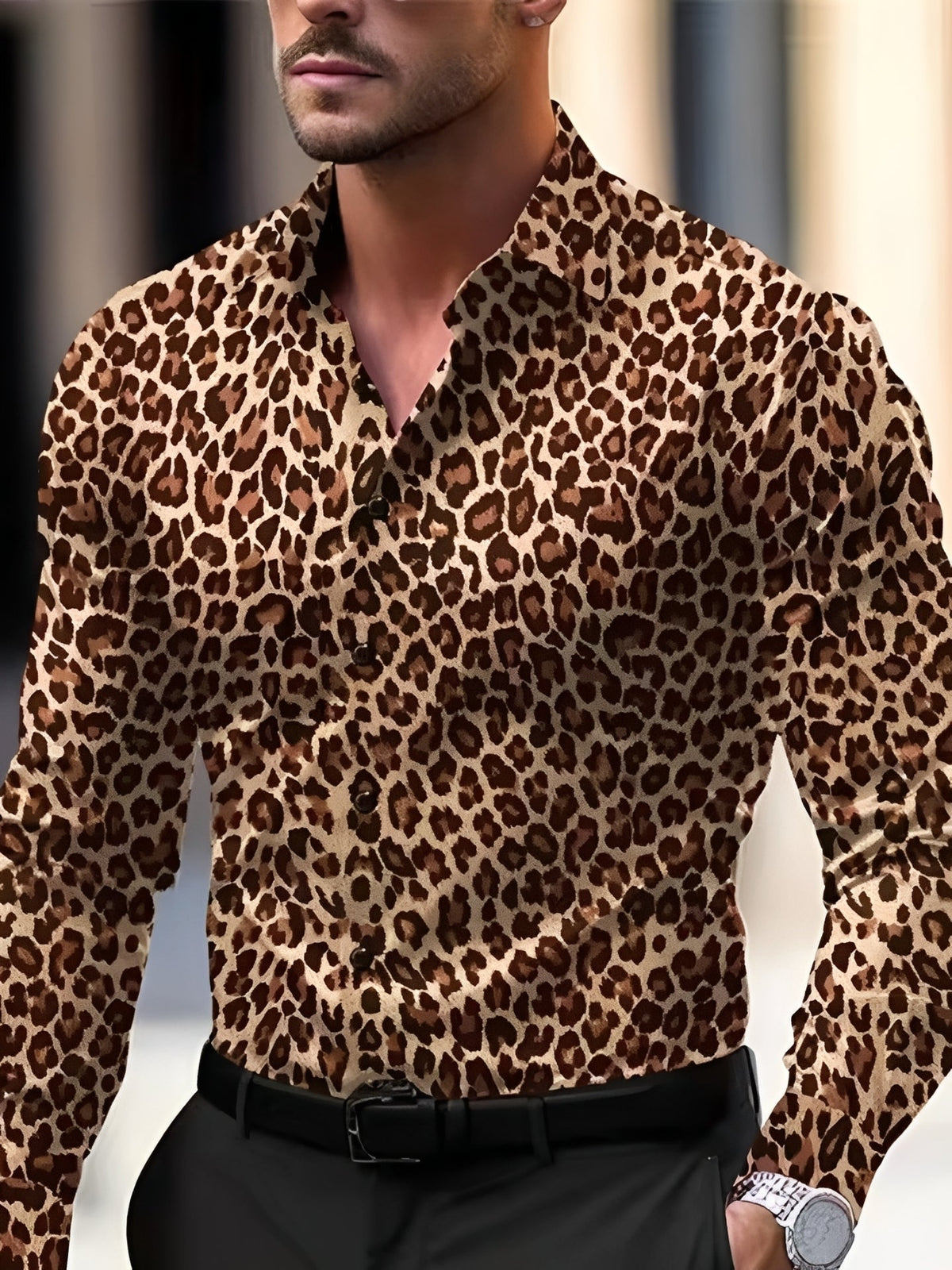 Men's Long Sleeve Shirt with Button Placket and Graphic Print