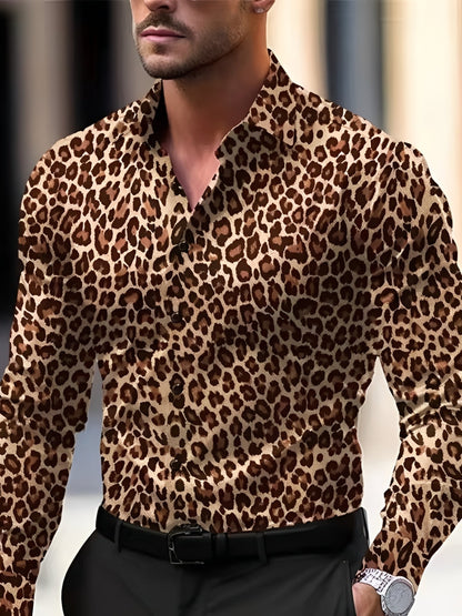 Men's Long Sleeve Shirt with Button Placket and Graphic Print