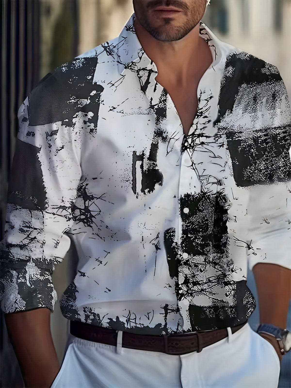 Men's Long Sleeve Shirt with Button Placket and Graphic Print