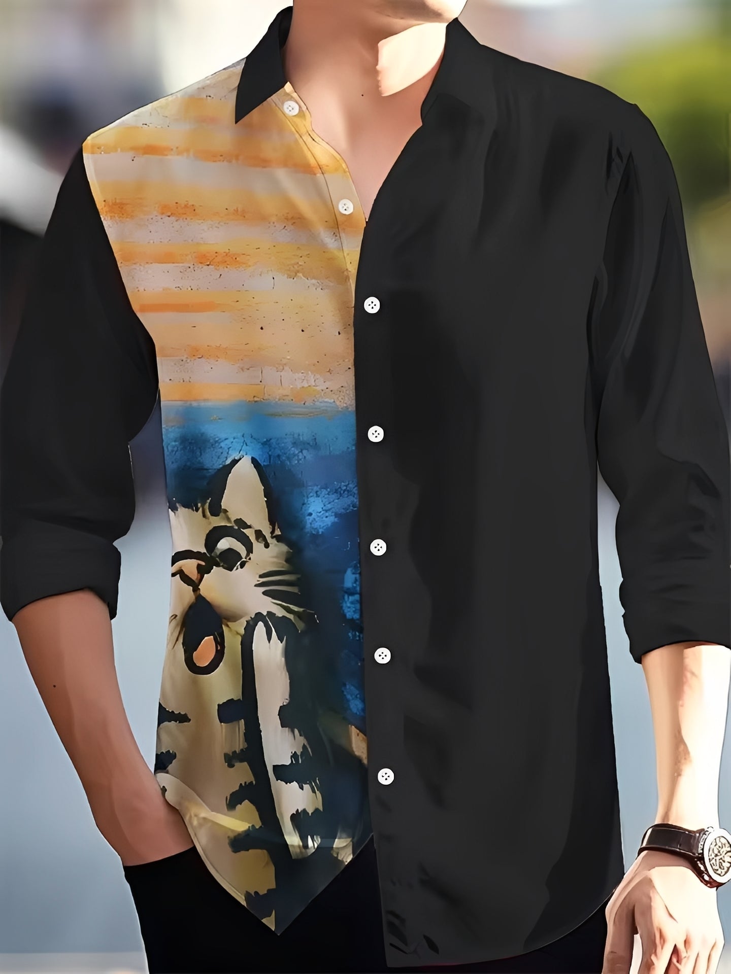 Men's Long Sleeve Shirt with Button Placket and Graphic Print