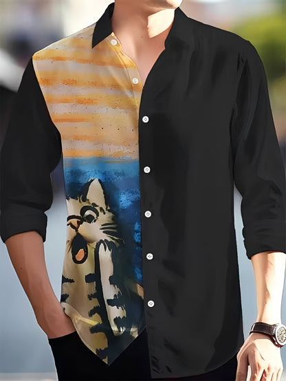 Men's Long Sleeve Shirt with Button Placket and Graphic Print