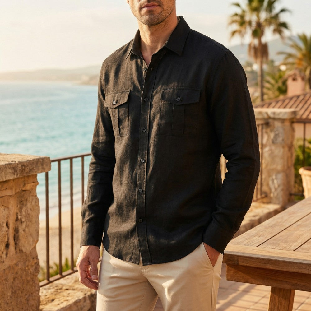 Men's Long Sleeve Shirt with Button-Up Front and Dual Chest Pockets
