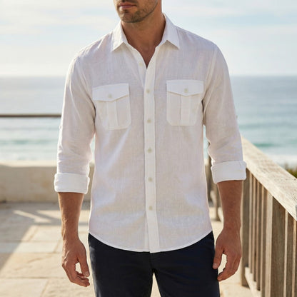 Men's Long Sleeve Shirt with Button-Up Front and Dual Chest Pockets