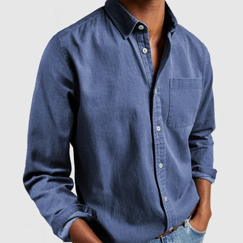 Men's Long Sleeve Shirt with Classic Collar and Chest Pocket