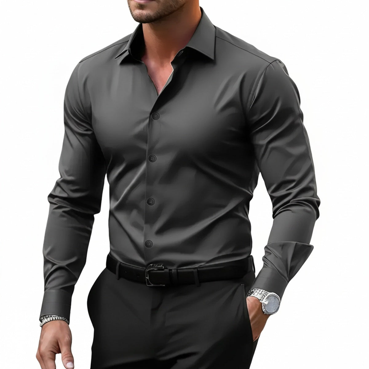 Men's Long Sleeve Shirt with Classic Collar and Slim Fit