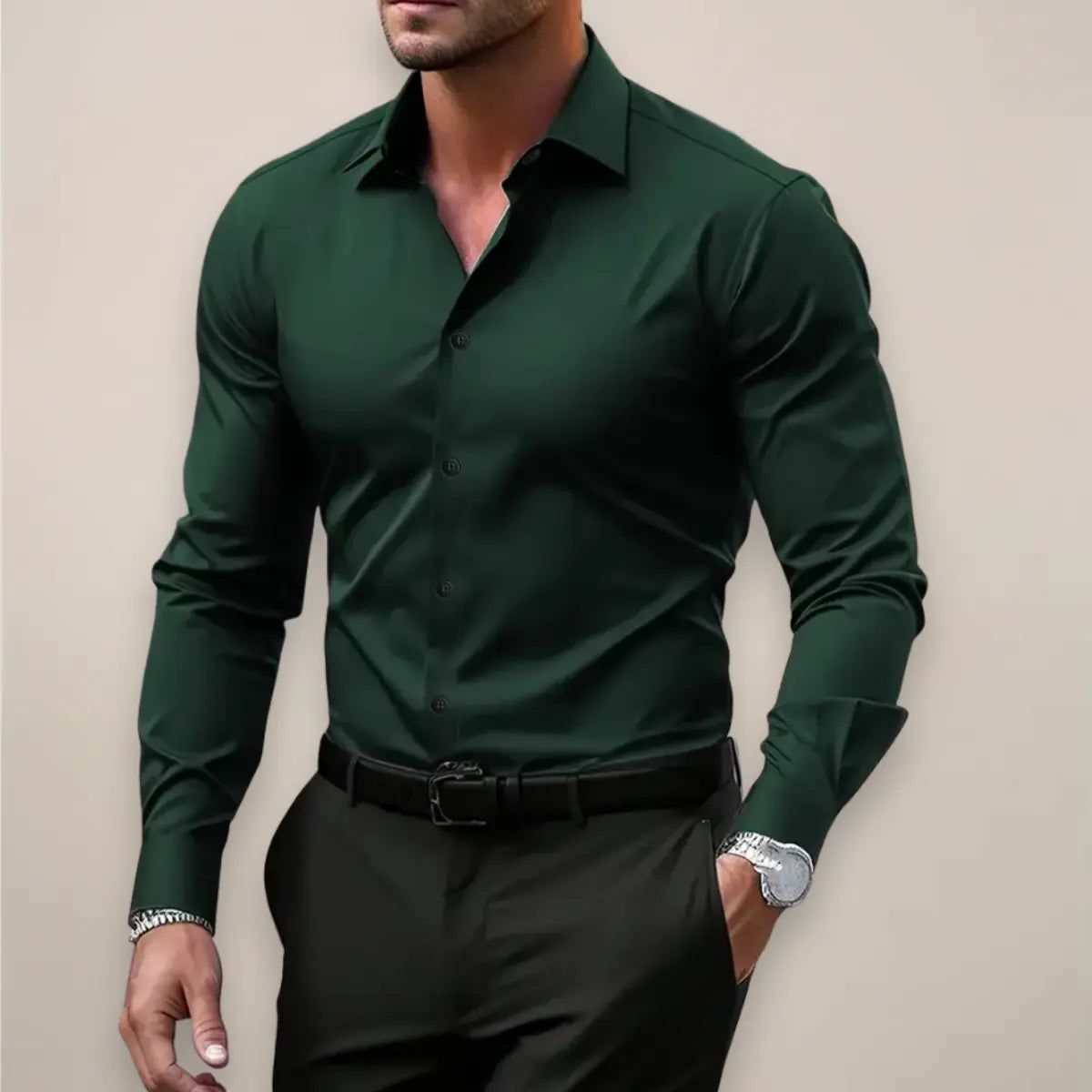 Men's Long Sleeve Shirt with Classic Collar and Slim Fit