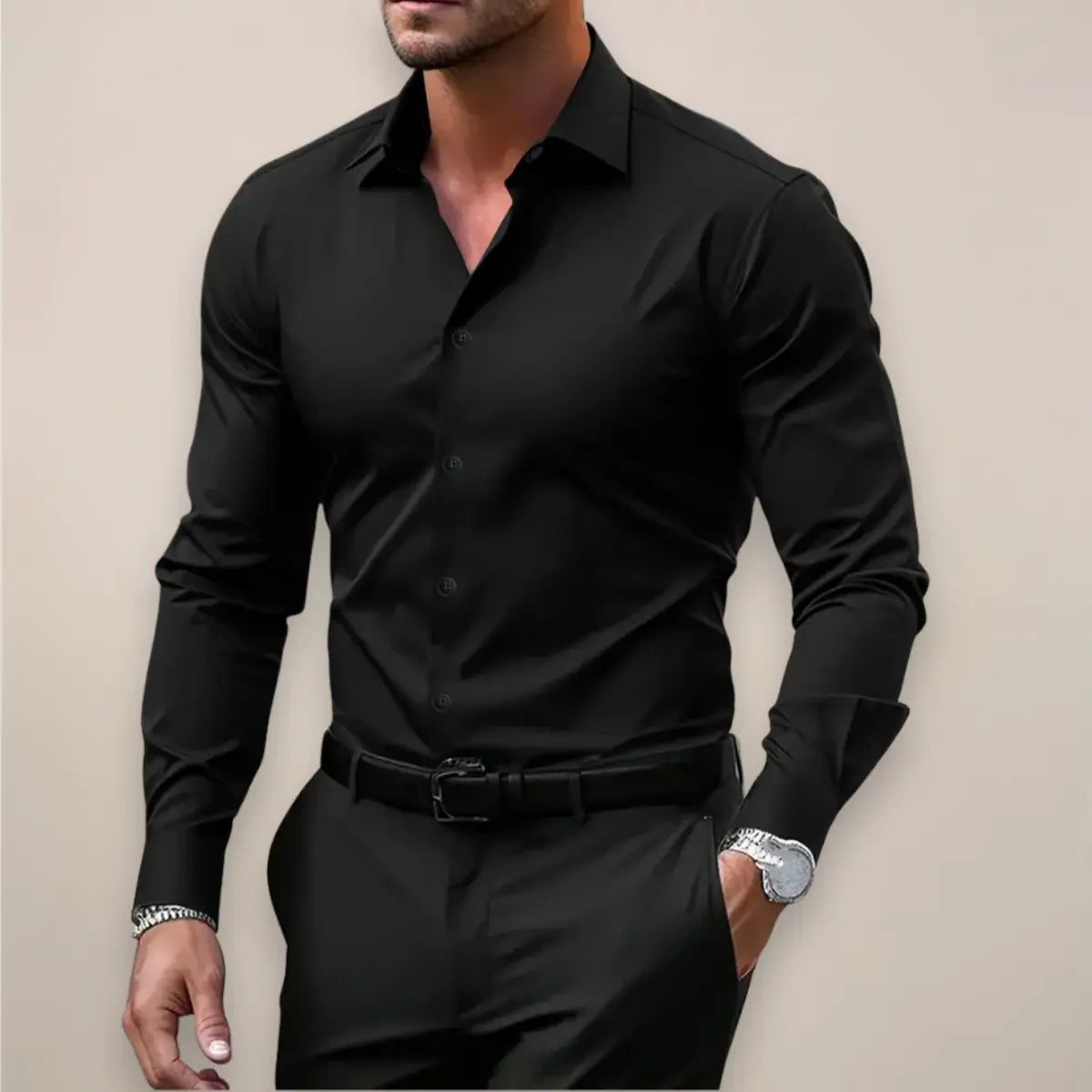 Men's Long Sleeve Shirt with Classic Collar and Slim Fit
