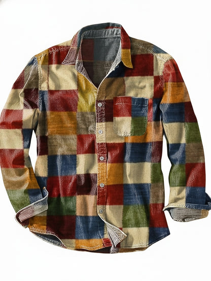 Men's Long Sleeve Shirt with Colorblock Patchwork Check Print and Chest Pocket