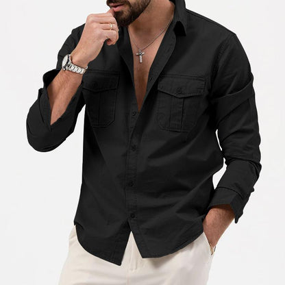 Men's Long Sleeve Shirt with Double Chest Pockets and Button Closure