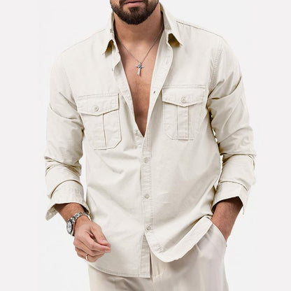 Men's Long Sleeve Shirt with Double Chest Pockets and Button Closure