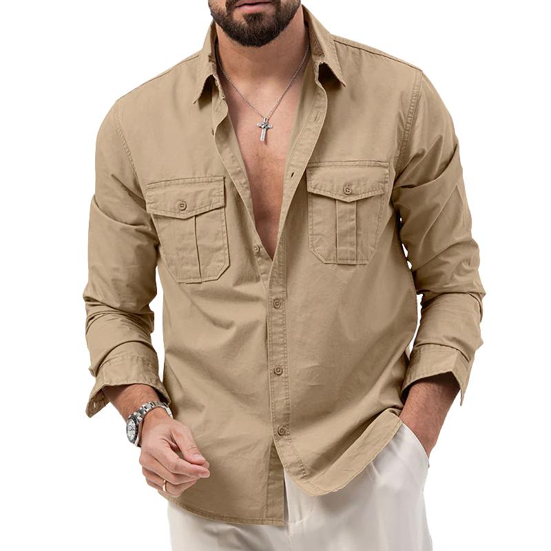 Men's Long Sleeve Shirt with Double Chest Pockets and Button Closure