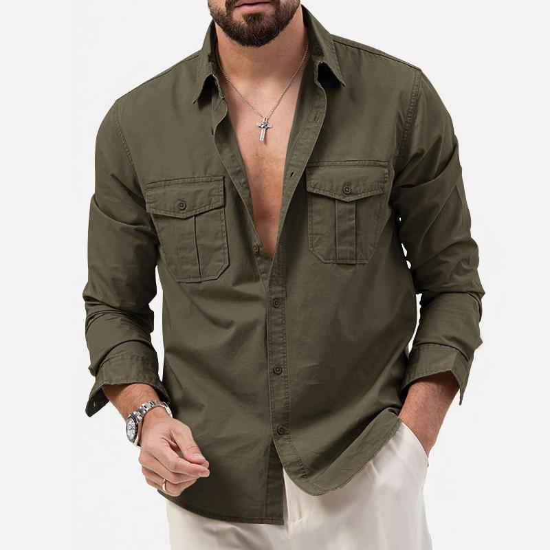 Men's Long Sleeve Shirt with Double Chest Pockets and Button Closure