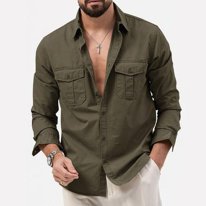 Men's Long Sleeve Shirt with Double Chest Pockets and Button Closure