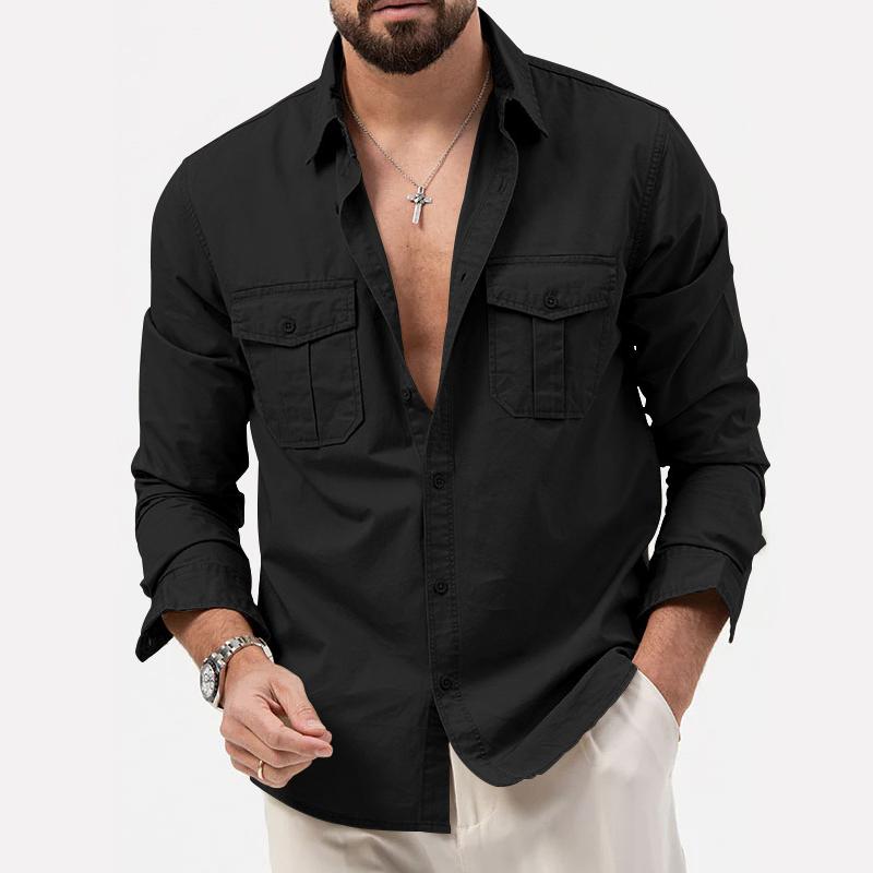 Men's Long Sleeve Shirt with Double Chest Pockets and Button Closure